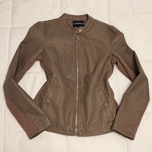 🤎 Express Vegan Leather Moto Jacket | Brown Zip Front | Y2K Minimal | Size S